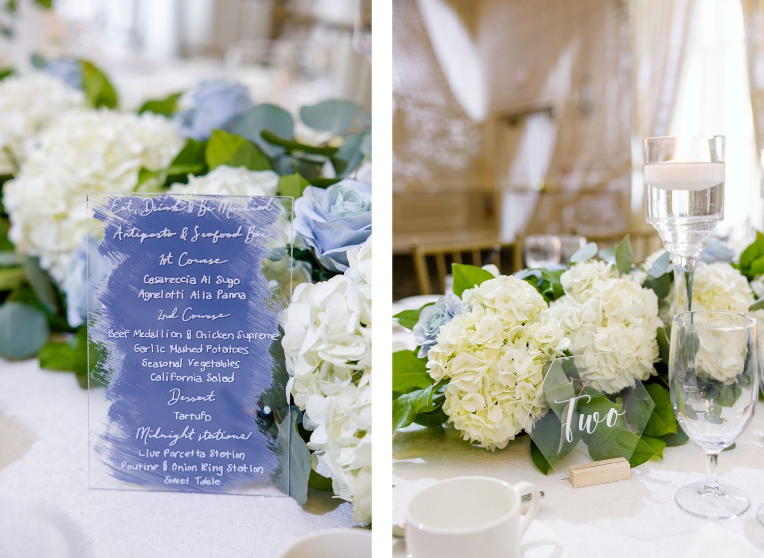 Navy blue wedding menu card displayed with white hydrangeas and light blue roses.