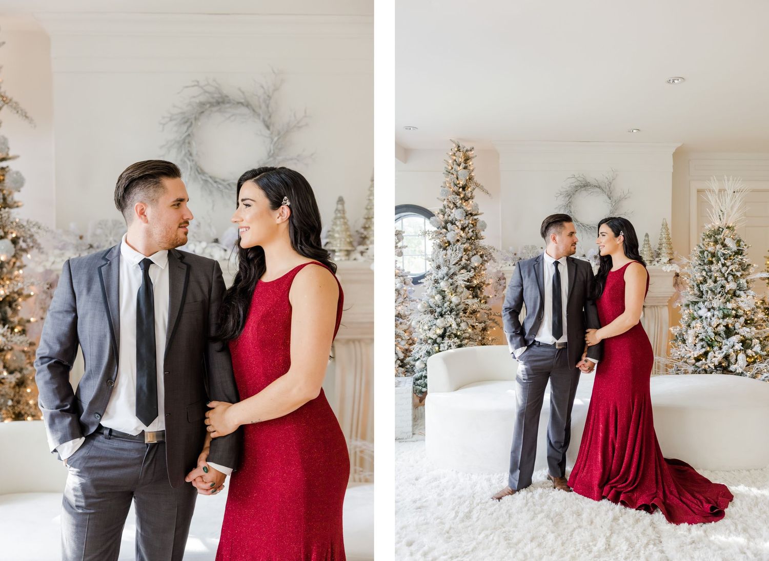 Split portrait showing couple in formal attire posing against festive Christmas backdrop.
