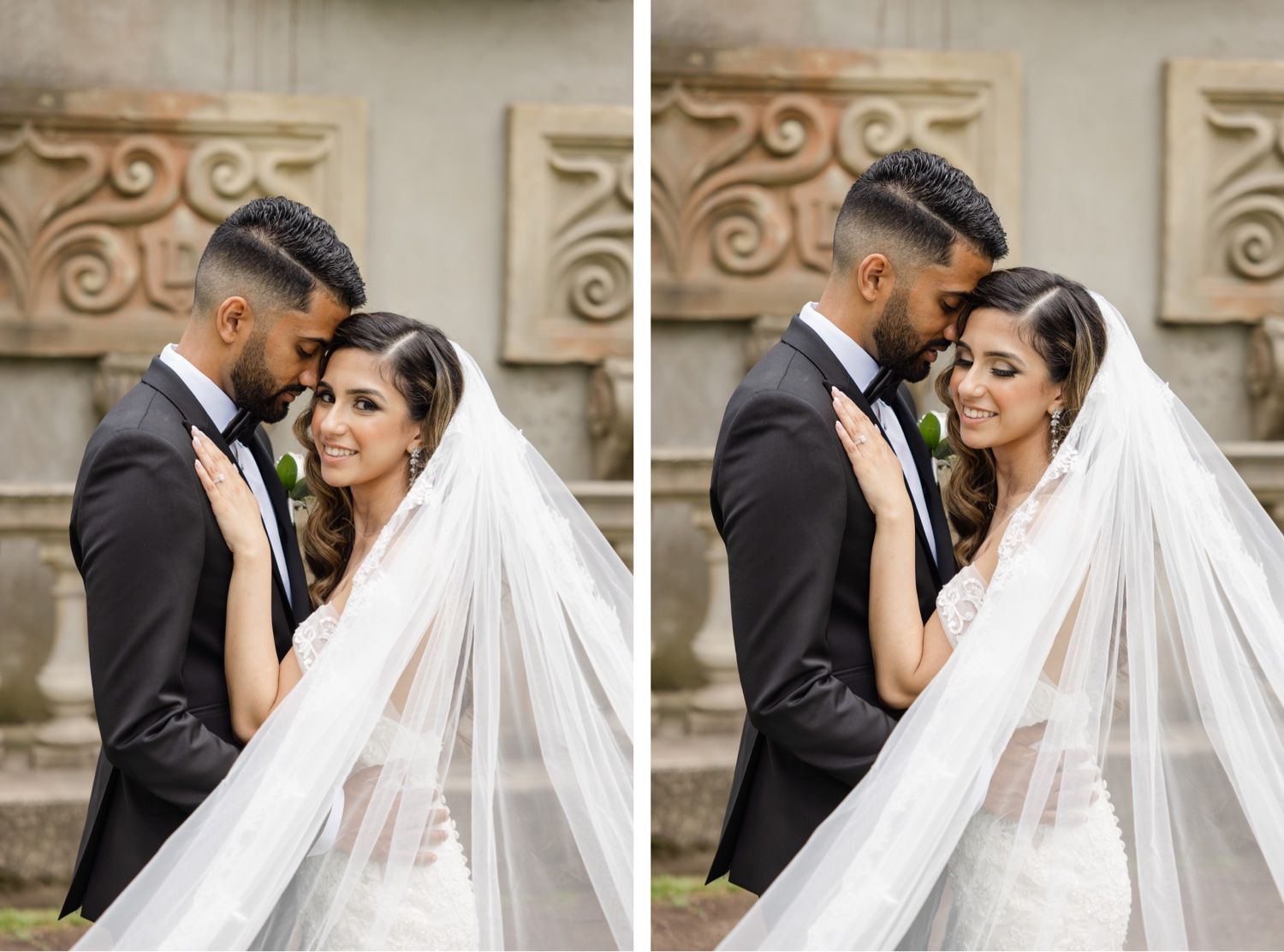 Two intimate wedding portraits against a decorative stone wall backdrop.