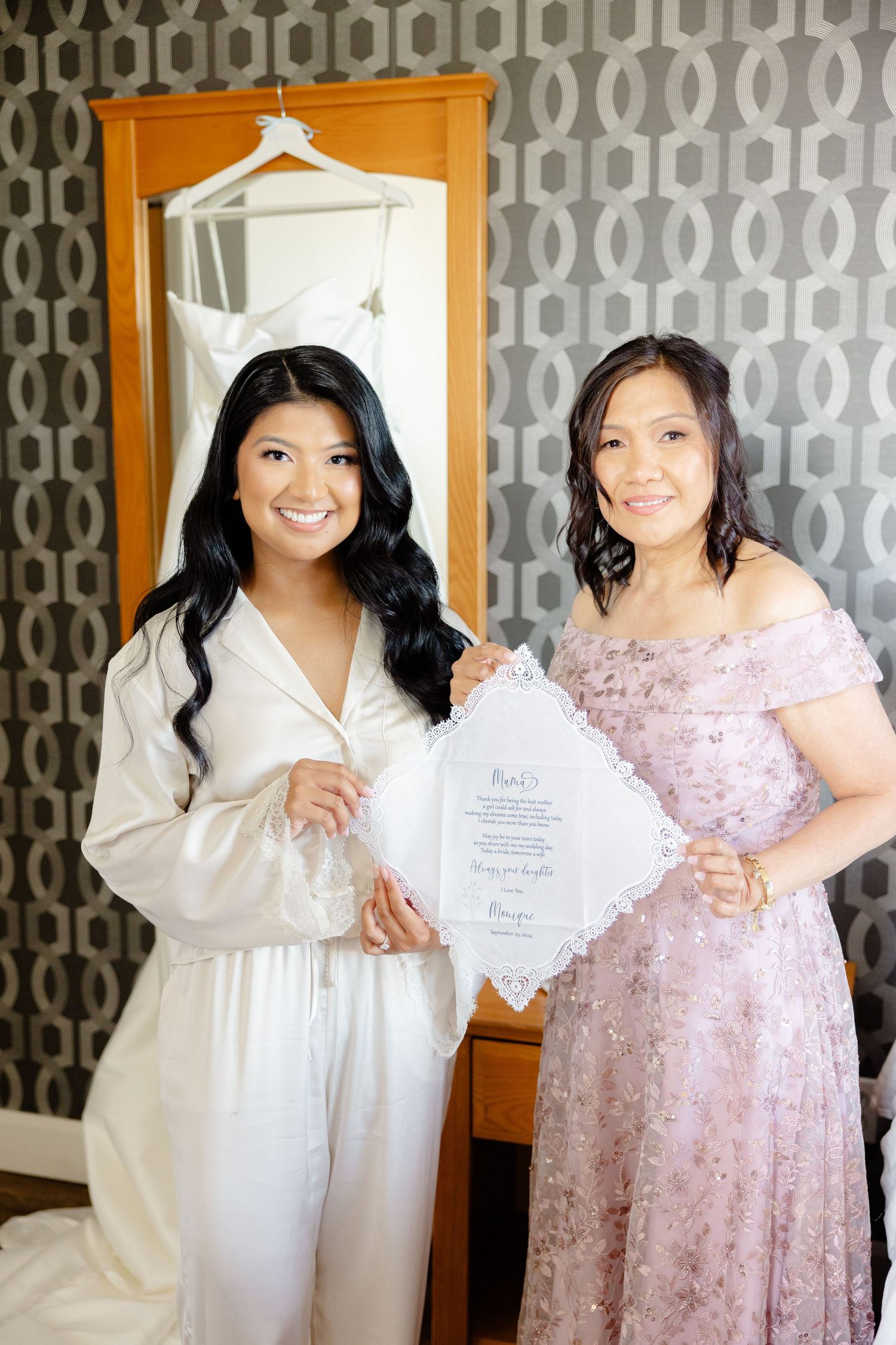Wedding day preparation scene with formal attire and printed document.