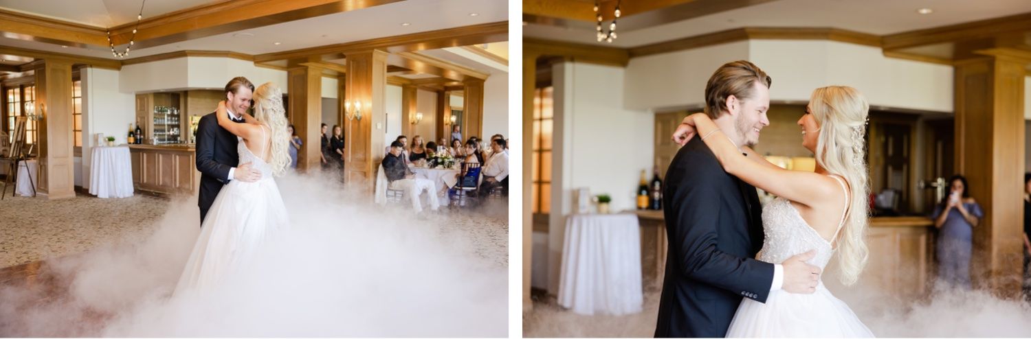Two views of a romantic first dance in an elegant ballroom with warm lighting and wooden details.