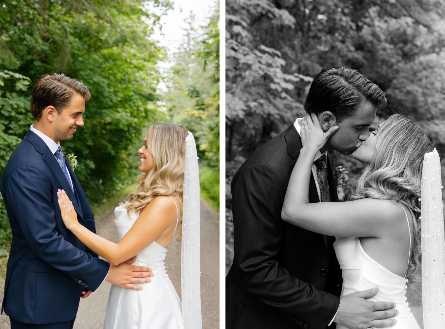 Side-by-side color and black-and-white wedding portraits in forest setting.