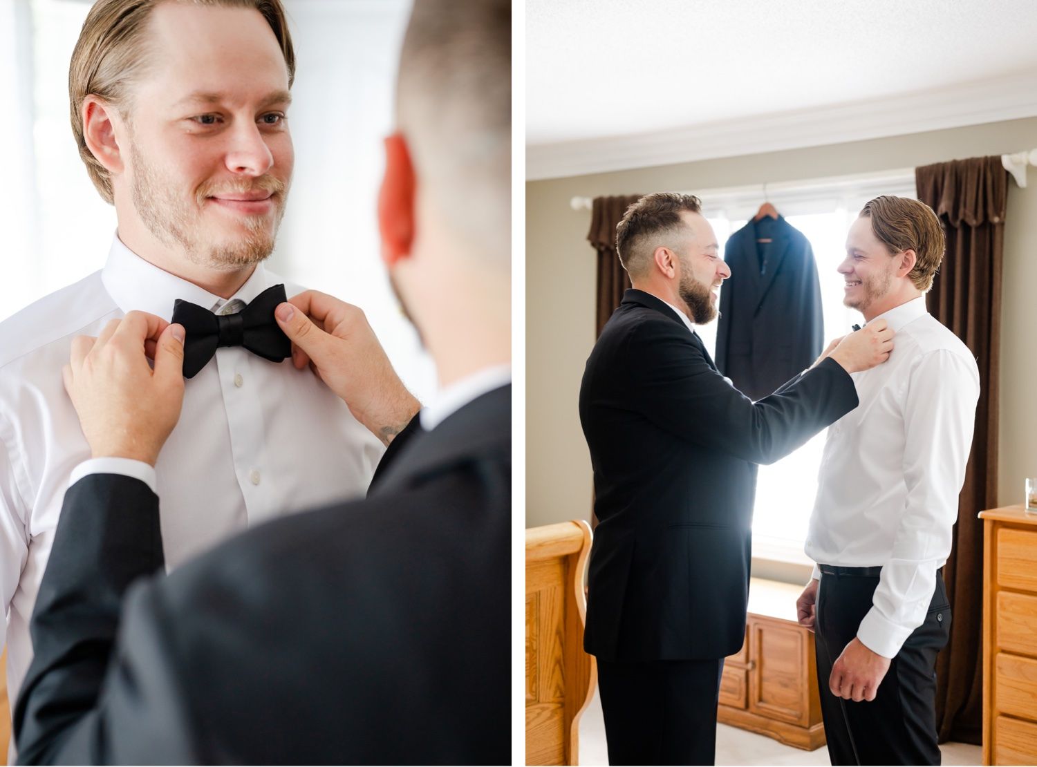 Two people helping each other get dressed in formal attire with bow ties.