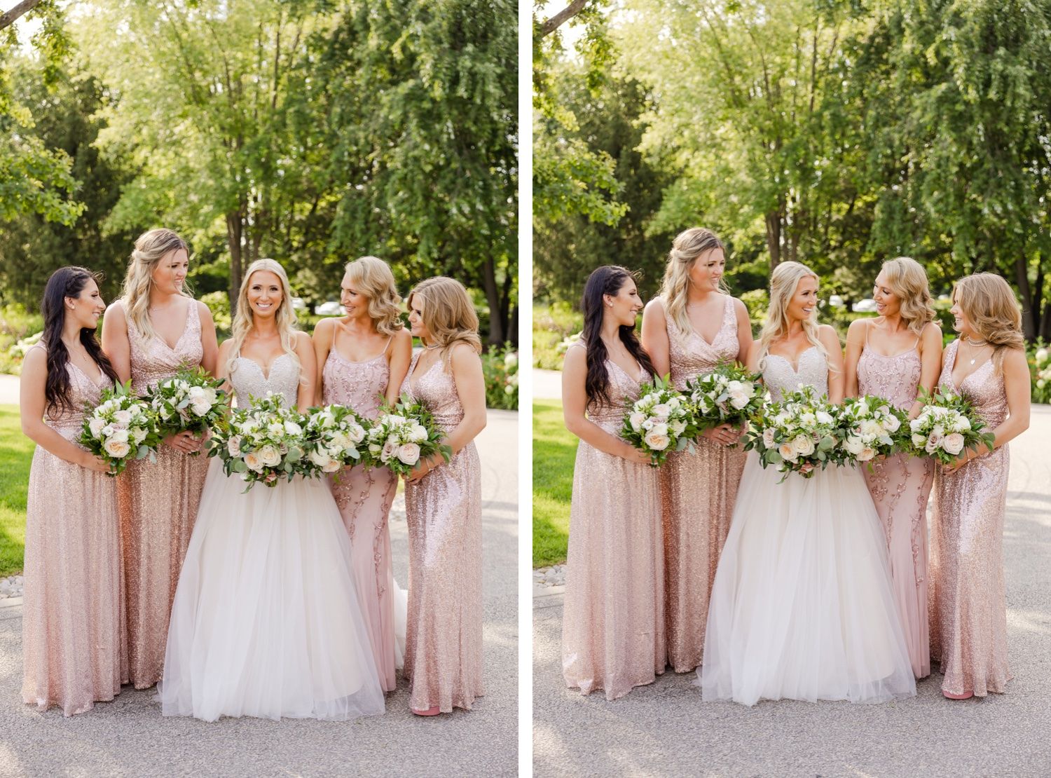 Two similar poses of a bridal party in pink dresses holding white bouquets against lush greenery.