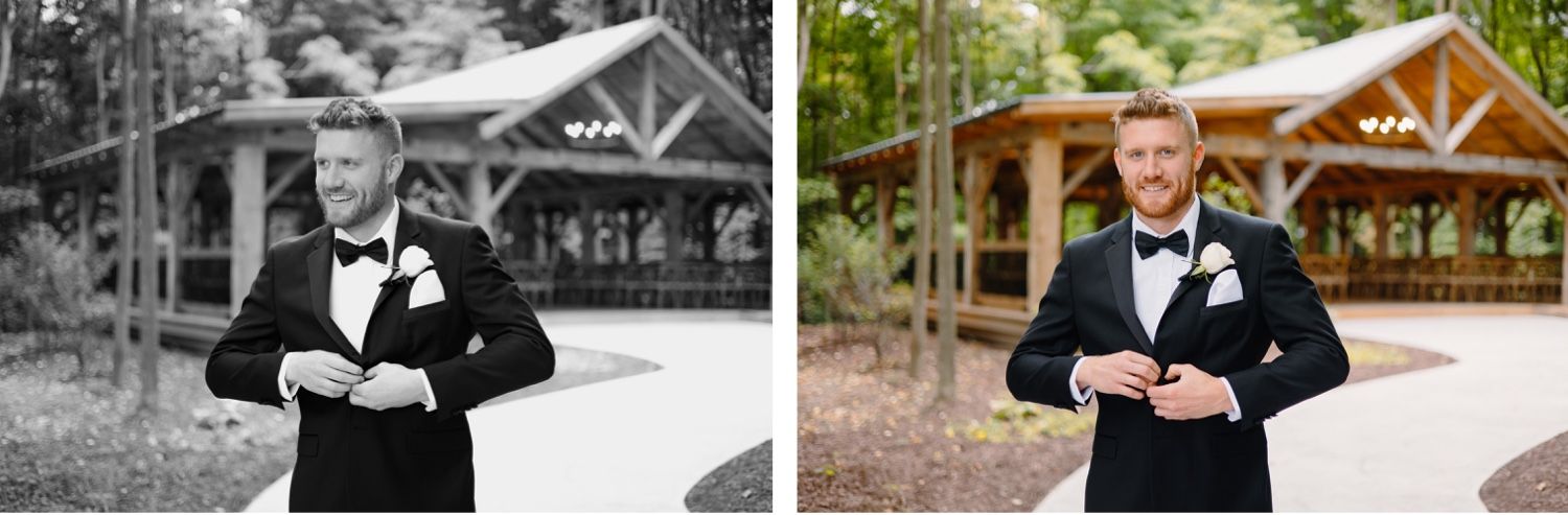 Side by side color and black and white portraits in front of rustic venue.