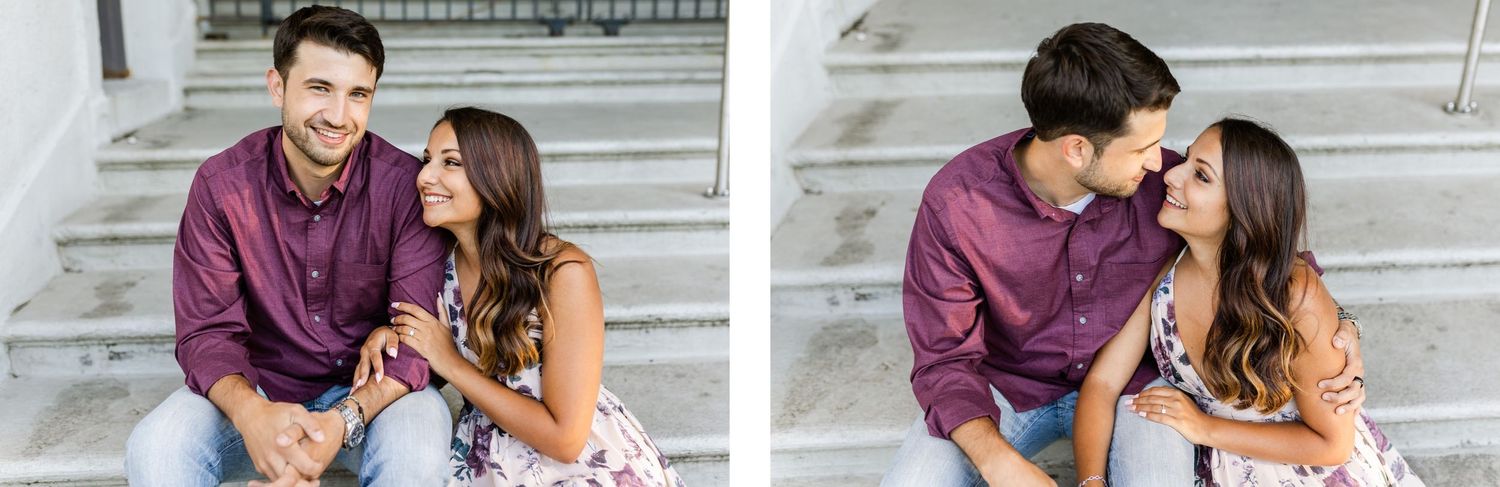 Two candid moments of couple laughing together while sitting on outdoor steps.