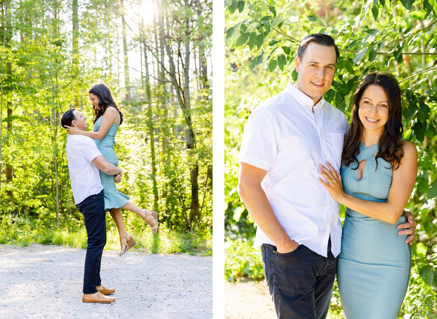 Side by side engagement photos showing playful and posed moments in nature.