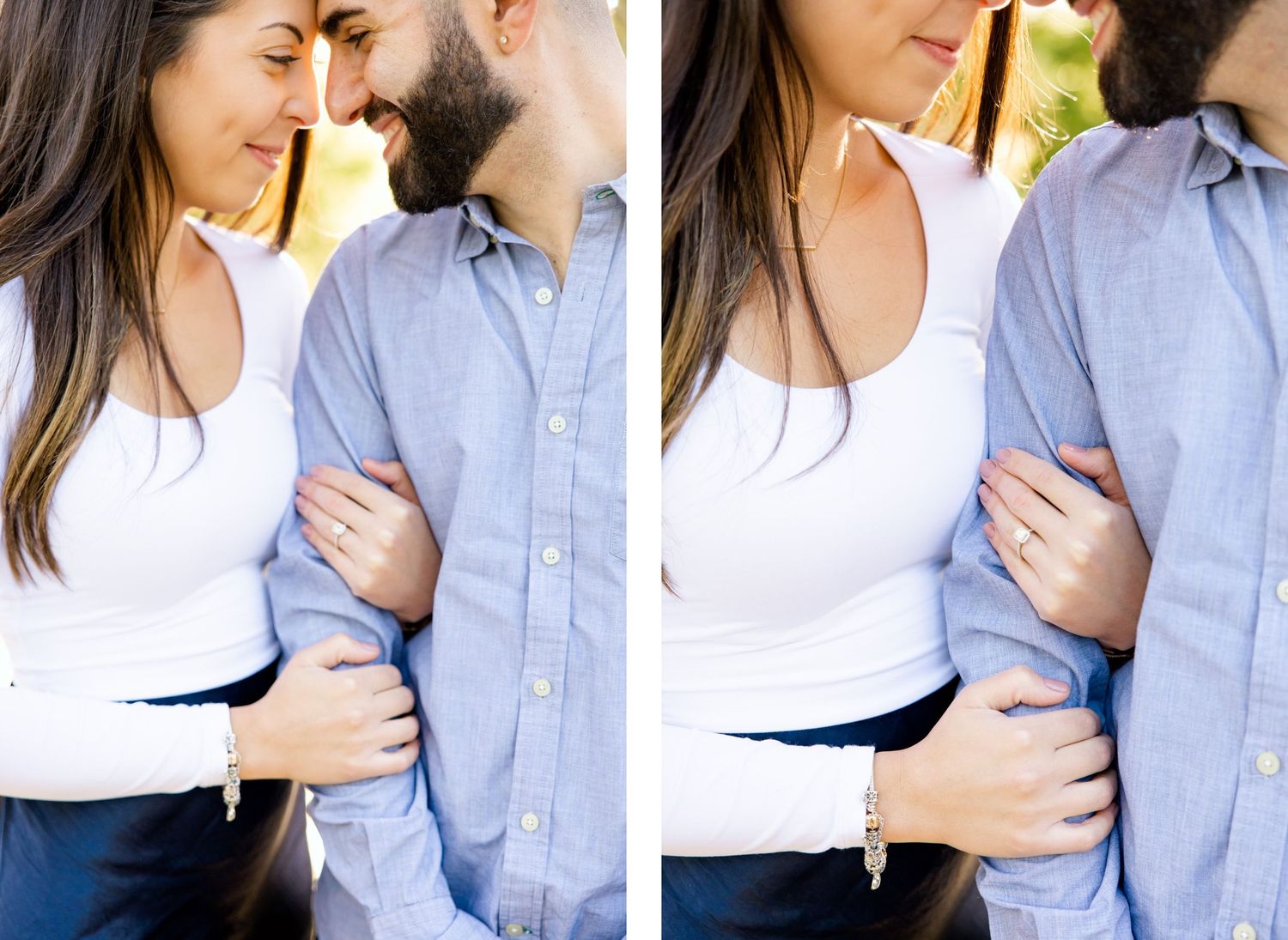 Close-up shots of a couple sharing intimate moments while dressed in white and blue casual attire.