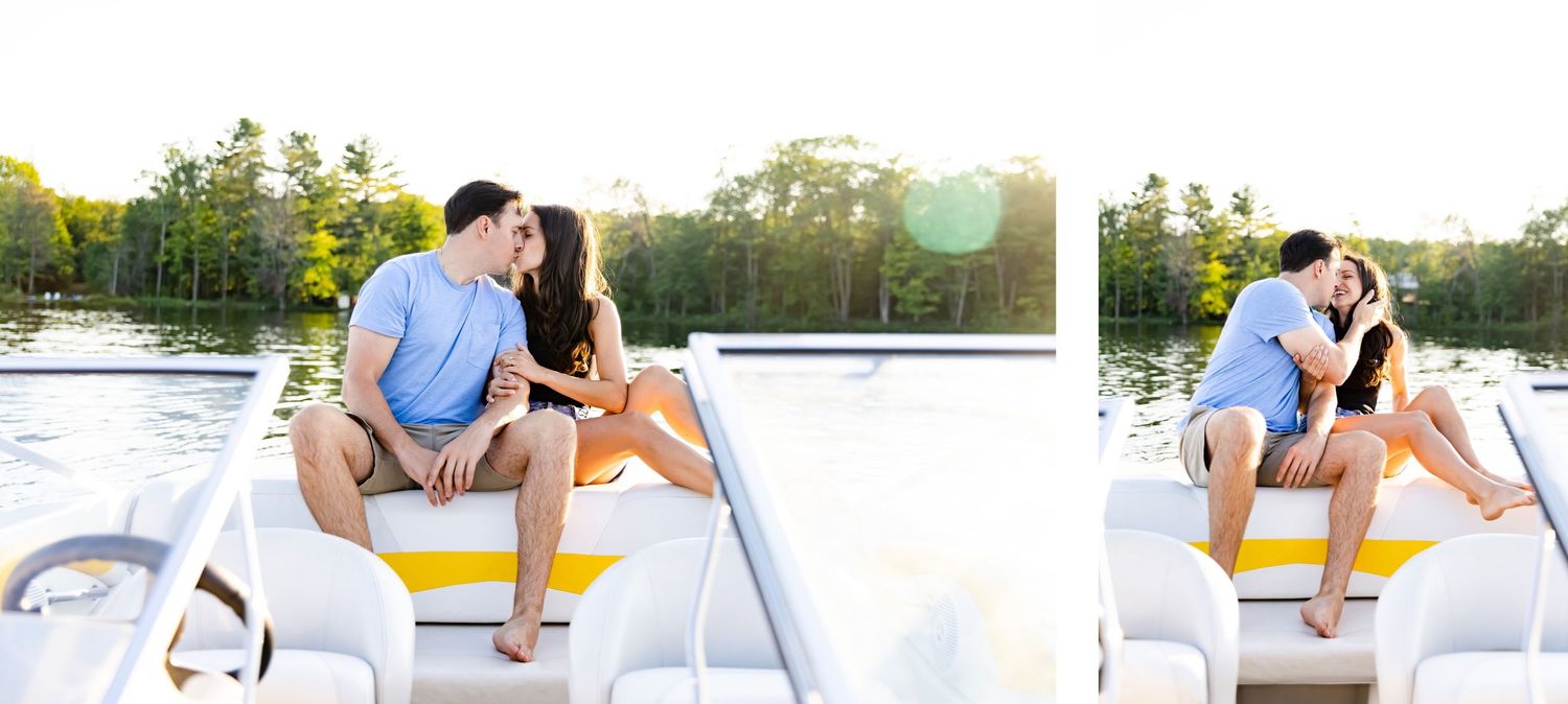 Side-by-side photos showing a couple's romantic moments on a boat deck during golden hour.