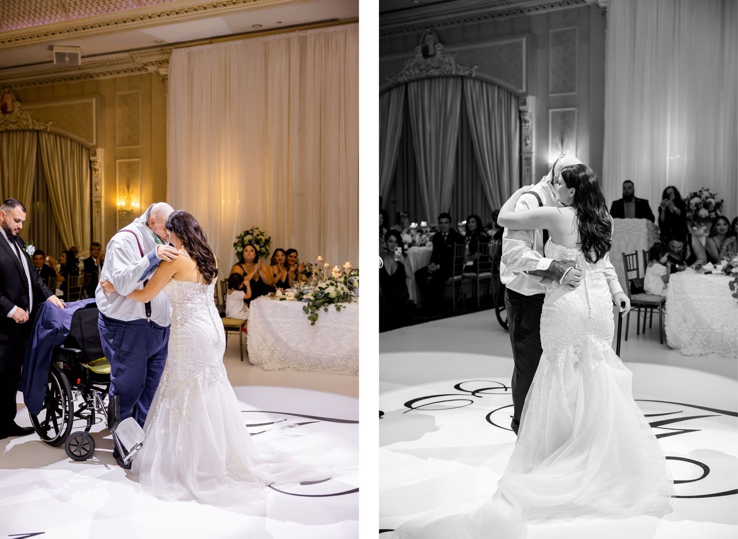 Side-by-side color and black-and-white photos of a special dance at an elegant wedding reception.