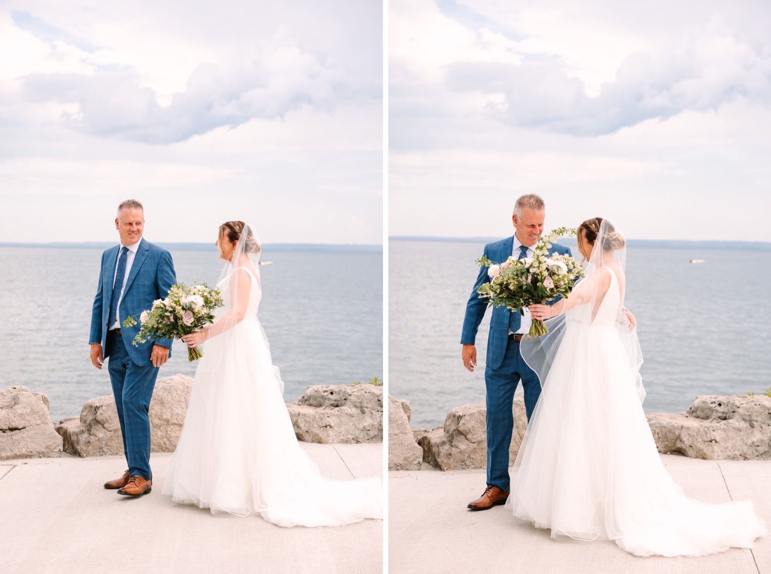 A bride and groom share their first look moment by the waterfront with rocky shoreline.