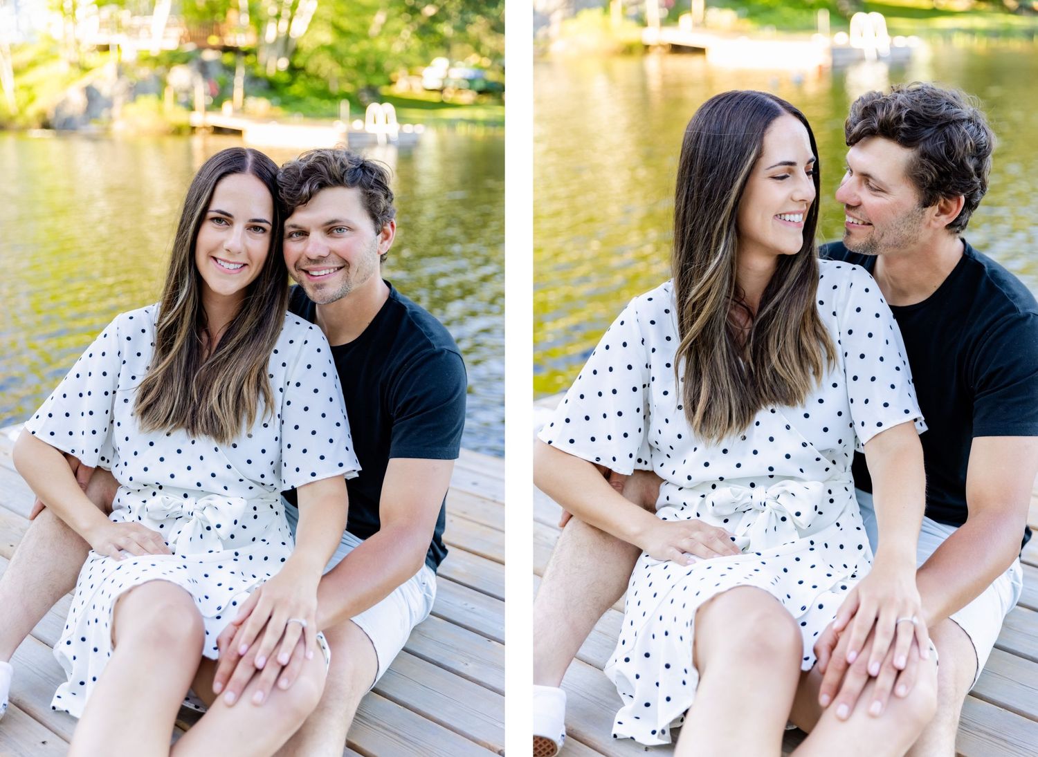 Romantic couple sitting on wooden dock by lake in casual summer outfits during golden hour.