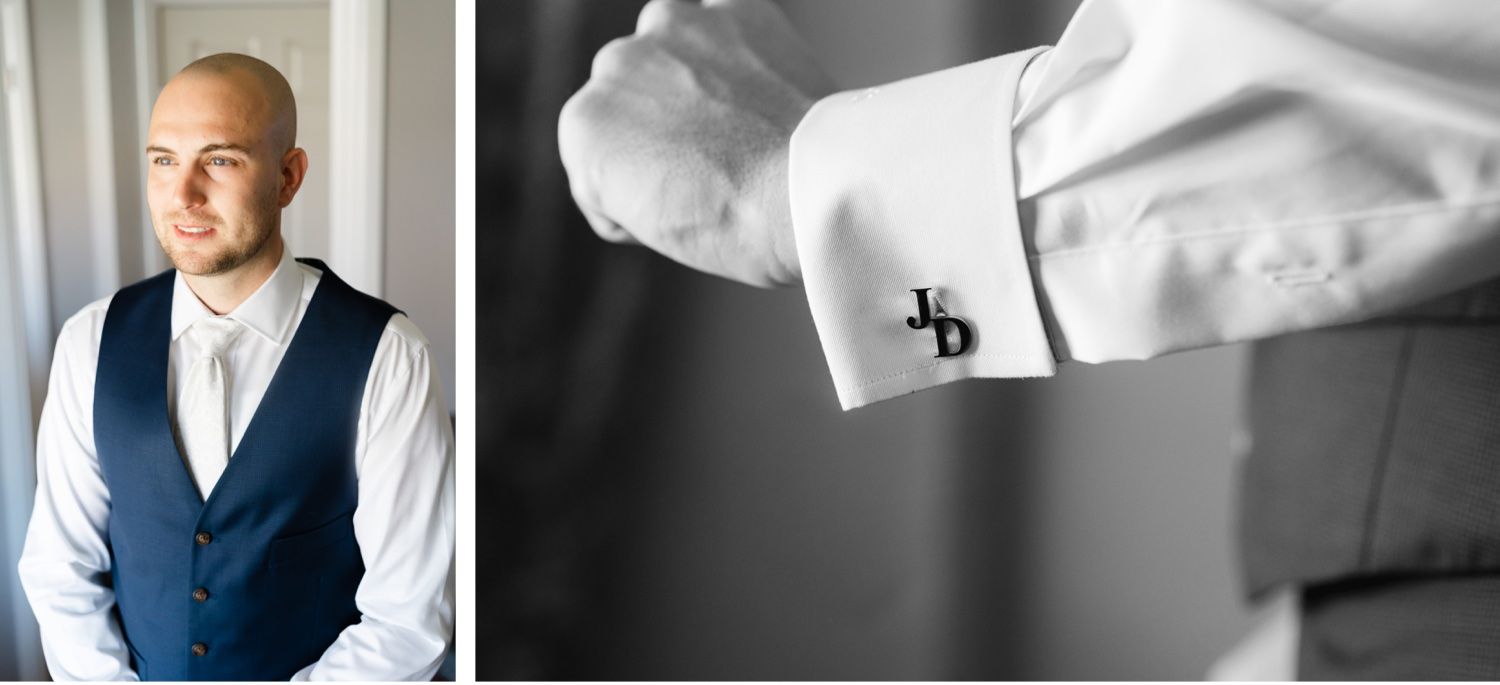A groom in a navy vest and white shirt getting ready, shown in two different poses.