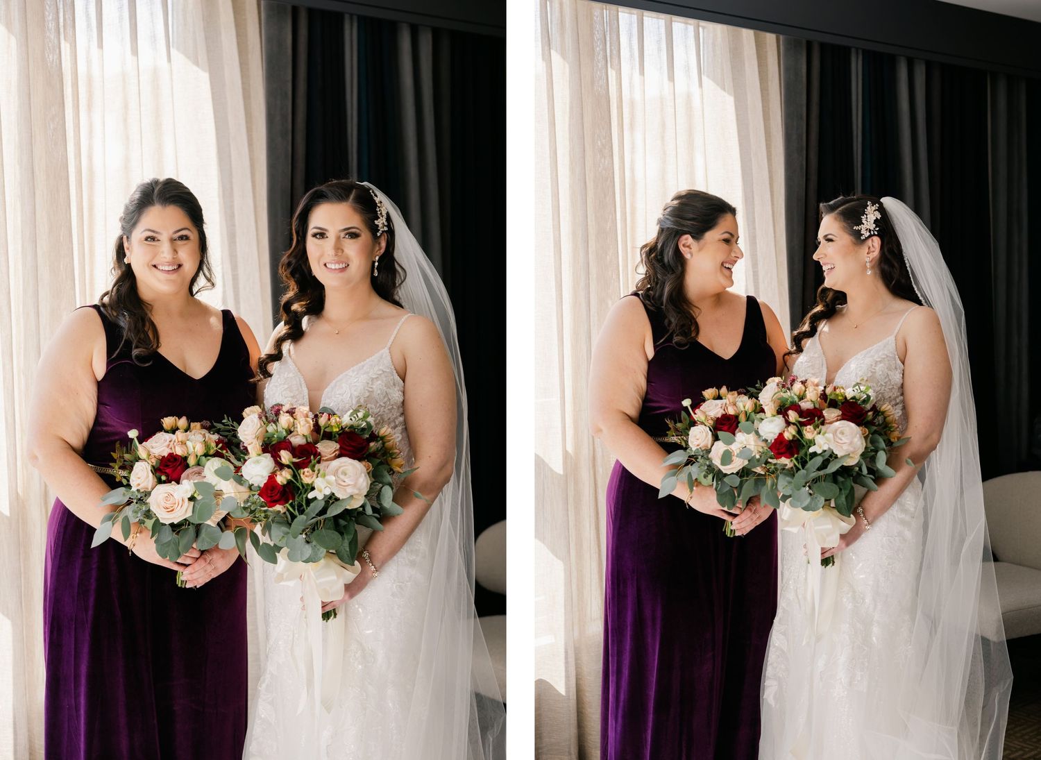 Bride and bridesmaid holding matching bouquets pose in formal wedding attire.