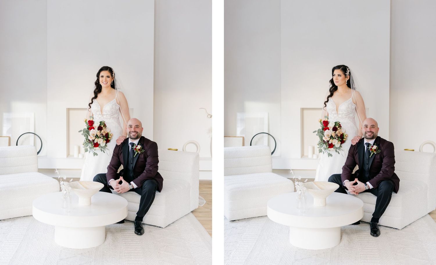 A wedding couple poses on modern white furniture in a minimalist studio setting.