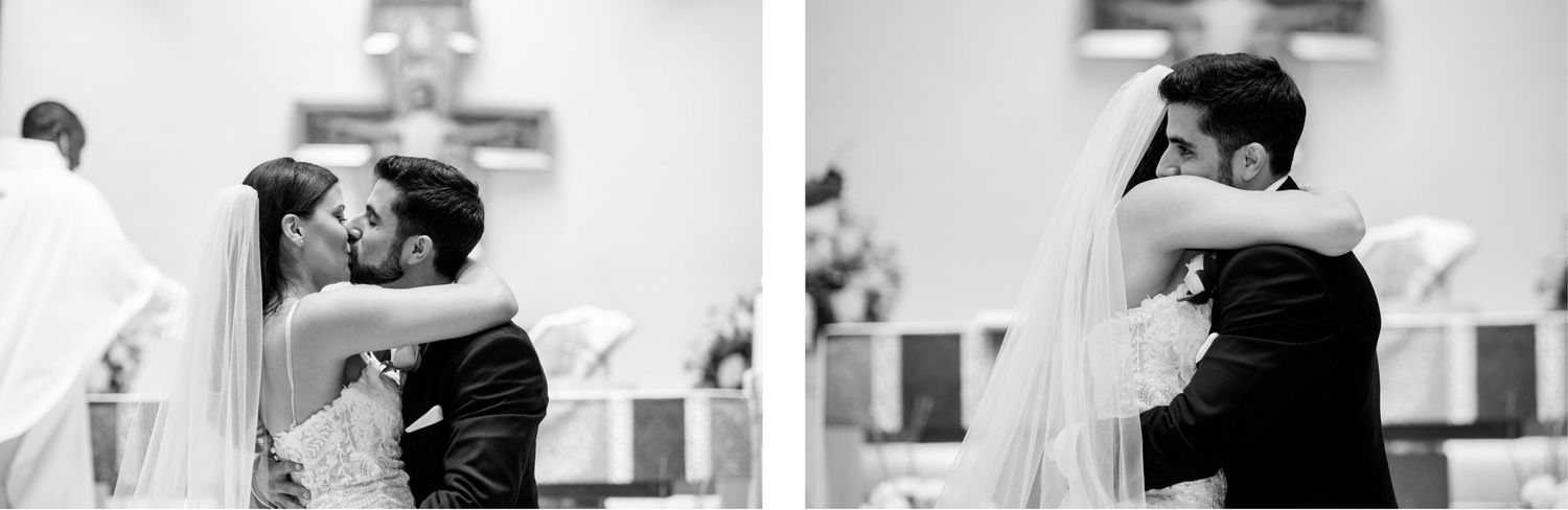 Black and white photos capture romantic first kiss moments at a wedding ceremony.