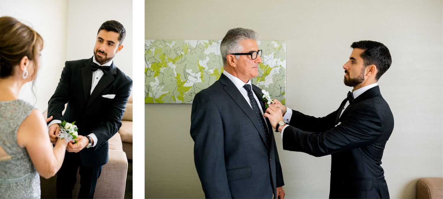 Pre-wedding scene showing formal wear adjustments and conversations in a light-filled room.