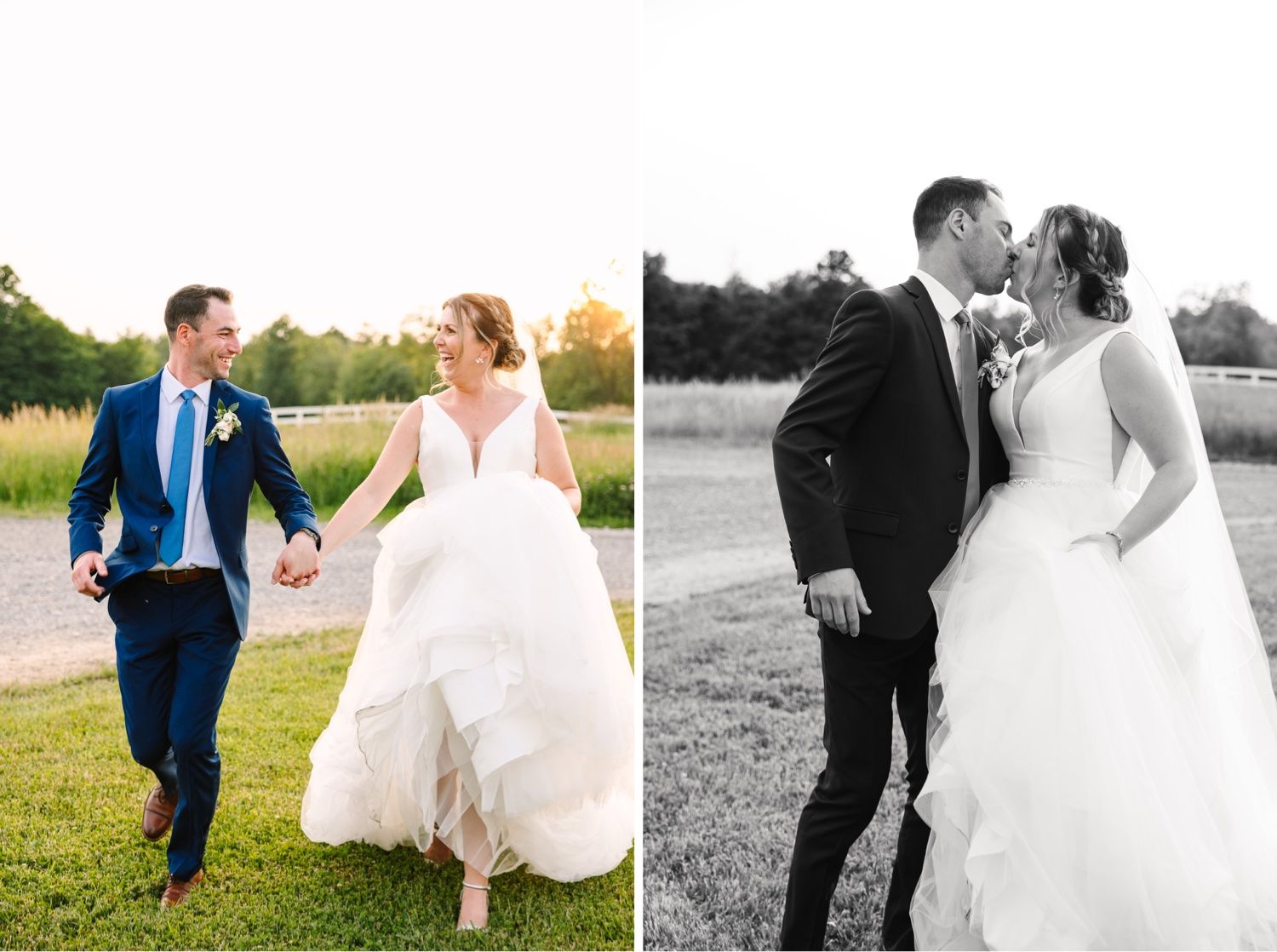 A romantic couple shares a joyful moment walking through a field during their wedding photoshoot at sunset.