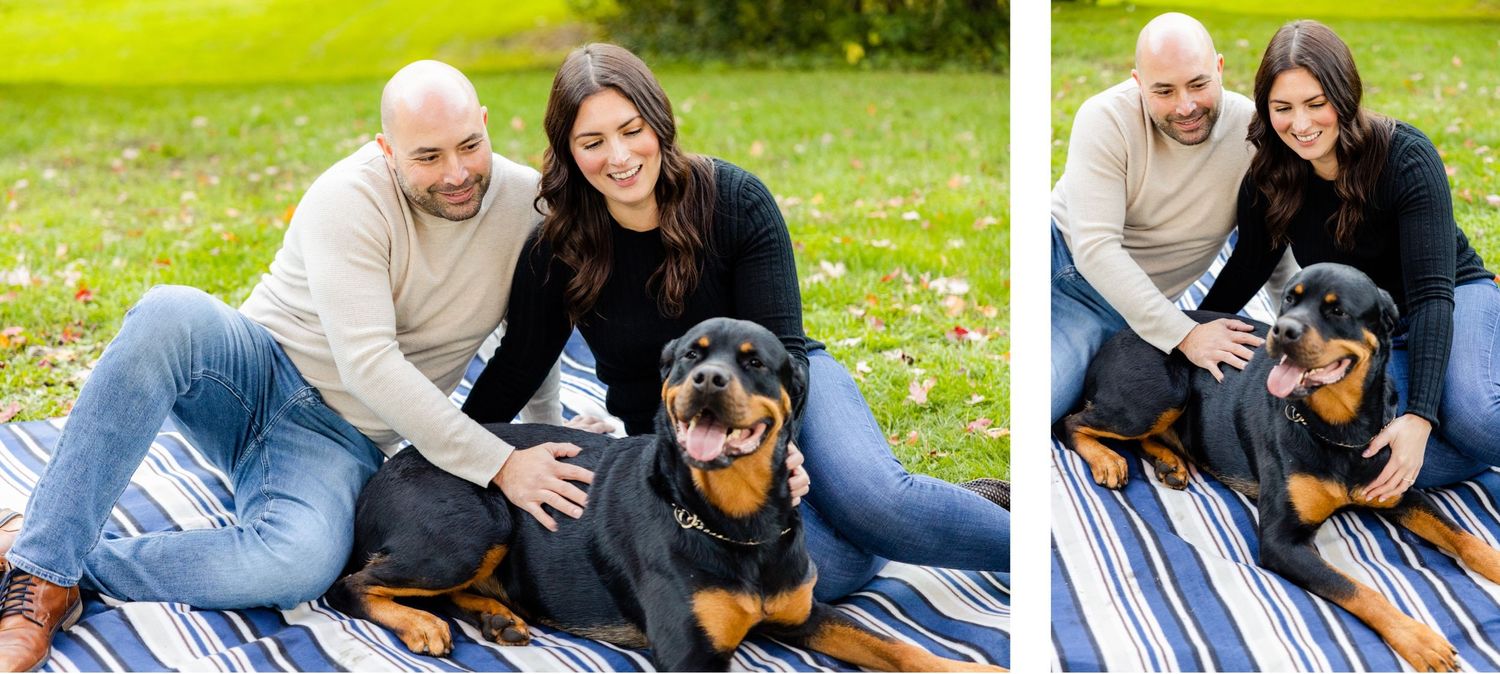 Two photos showing couple and their Rottweiler enjoying outdoor picnic on striped blanket.