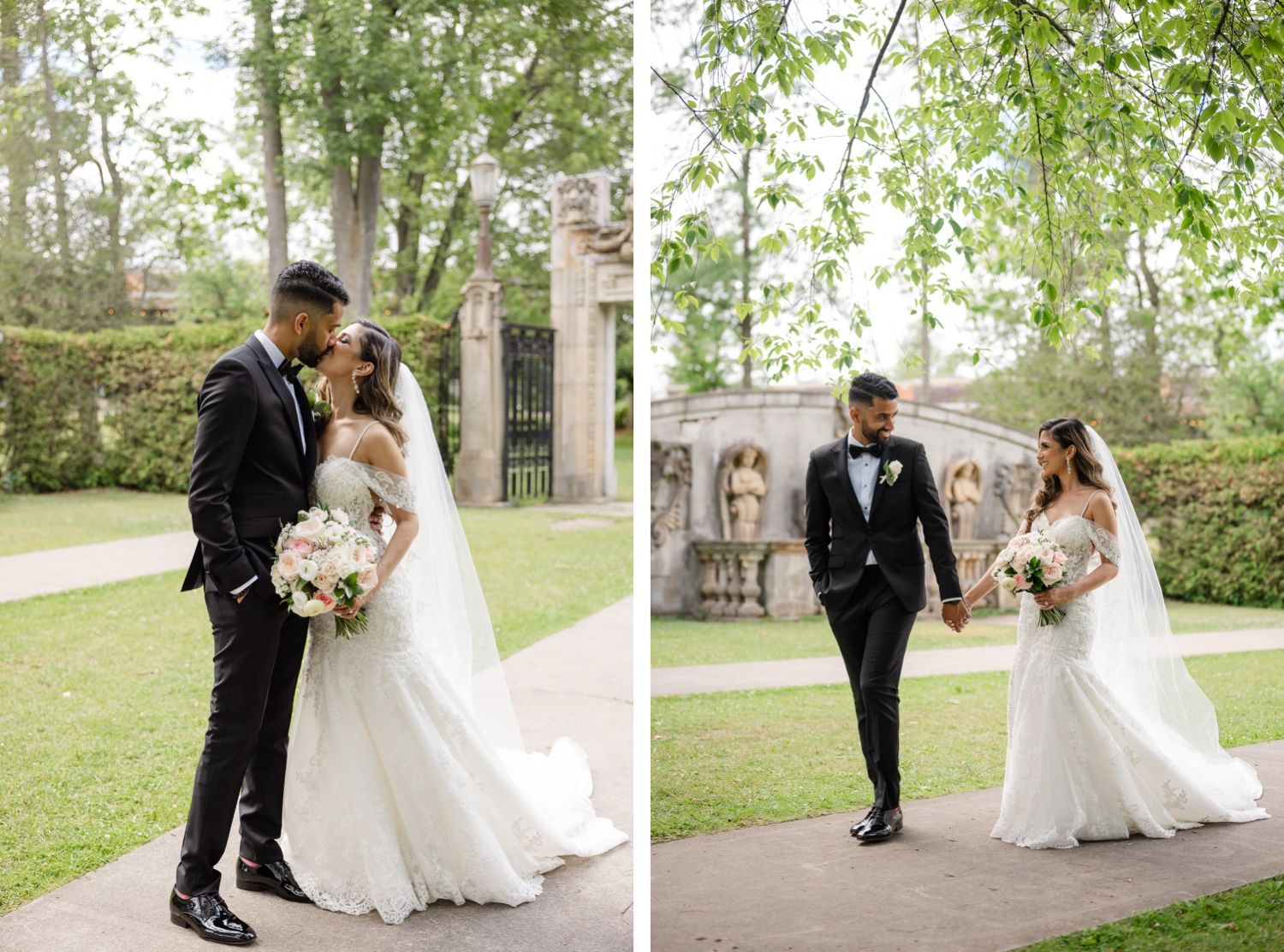 Side-by-side wedding portraits showing couple in garden with ornate stone architecture.