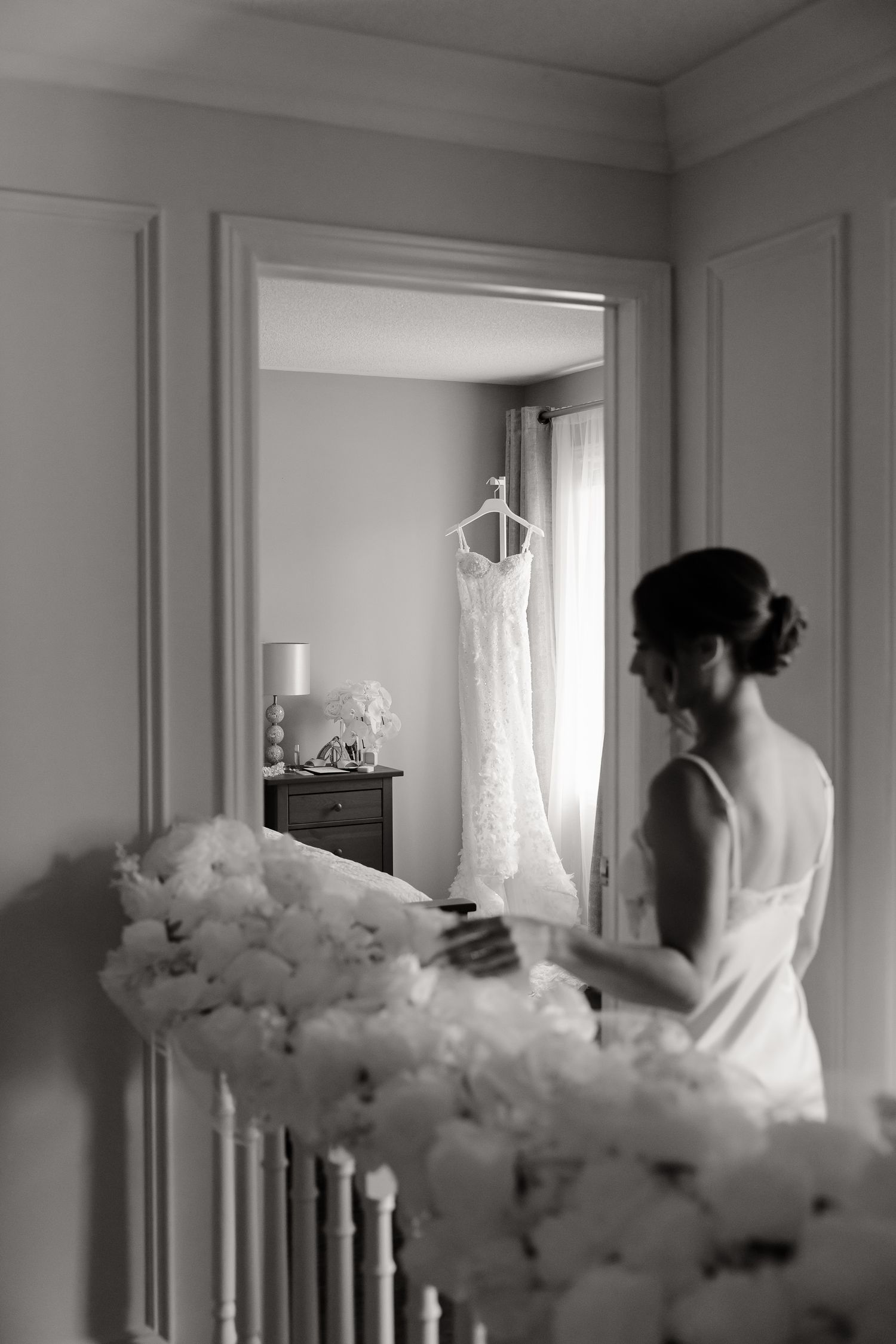 A series of elegant bridal photos showing a wedding dress with flowing train in a light-filled room near windows.