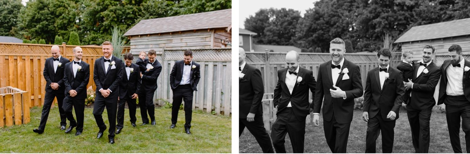 Groomsmen in tuxedos pose together outdoors with a black and white photo variation.