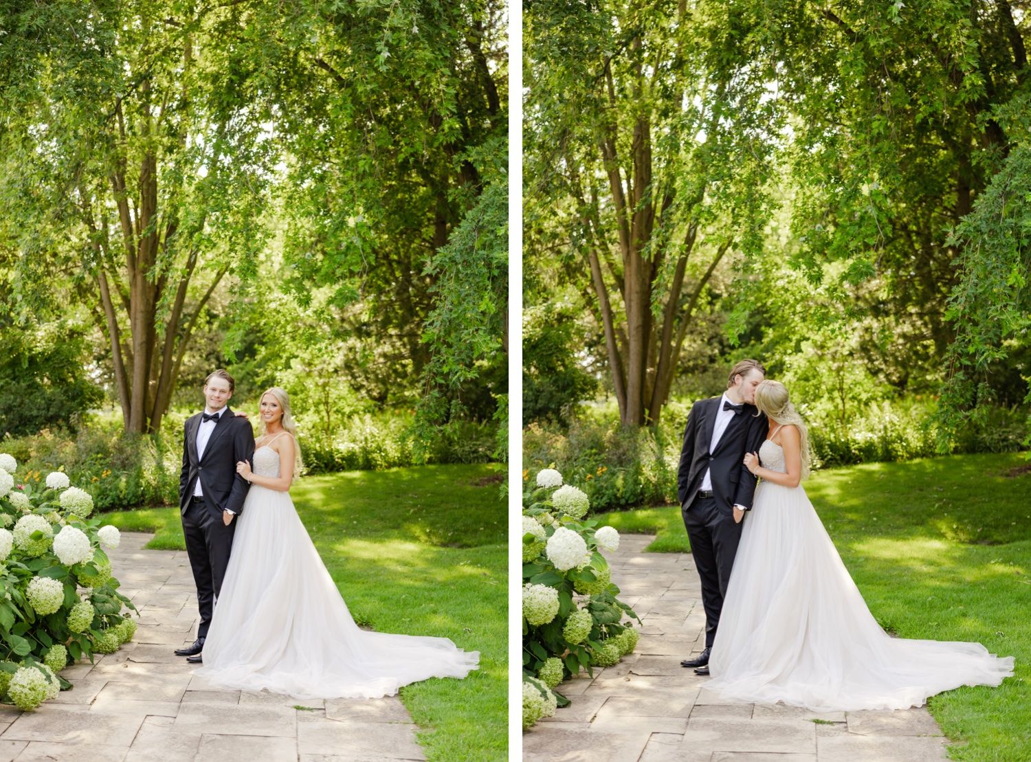Side by side wedding portraits showing couple walking and embracing in garden setting.