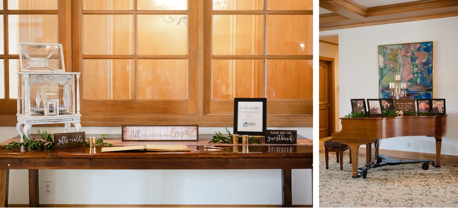 Wedding reception welcome table with wooden frames and decor elements.
