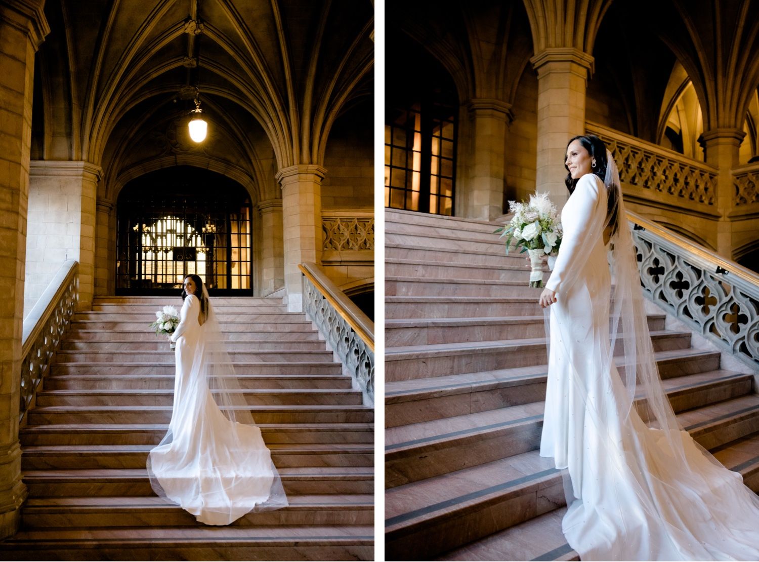 Two views of a bride posing on an ornate Gothic stone staircase with vaulted archways.