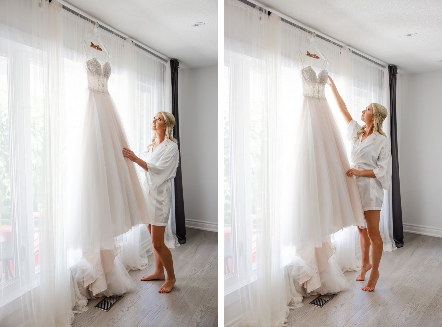 Series showing bride reaching for wedding gown with white dog nearby.