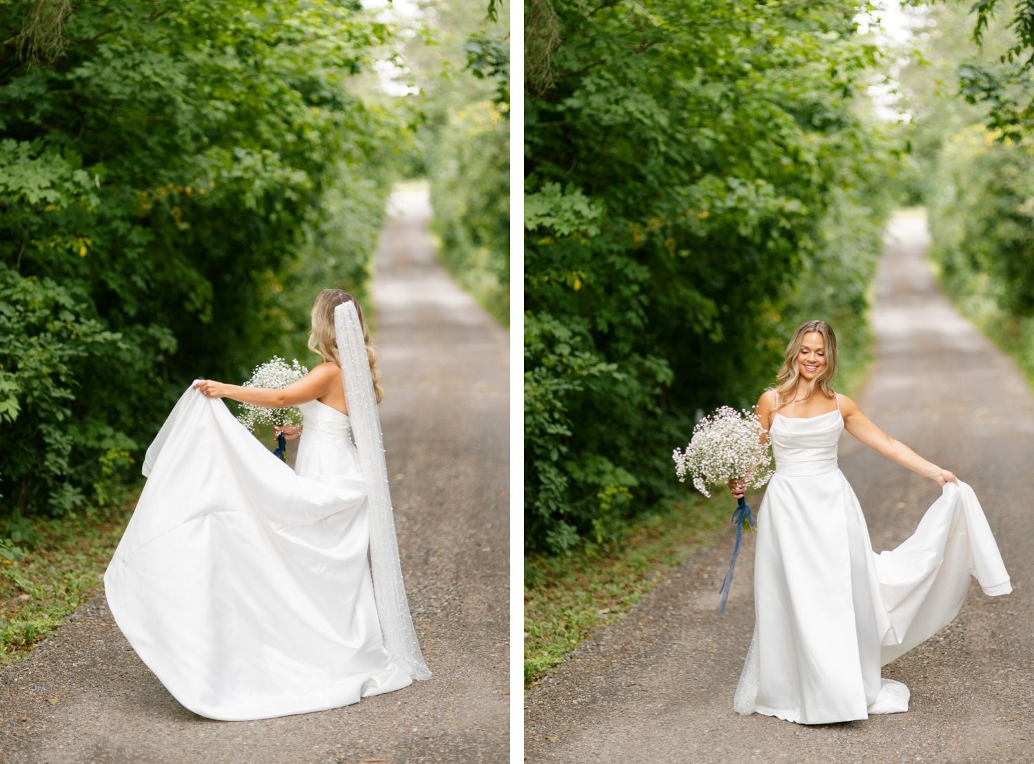 Side by side bridal portraits showing elegant white wedding dress movement on forest path.