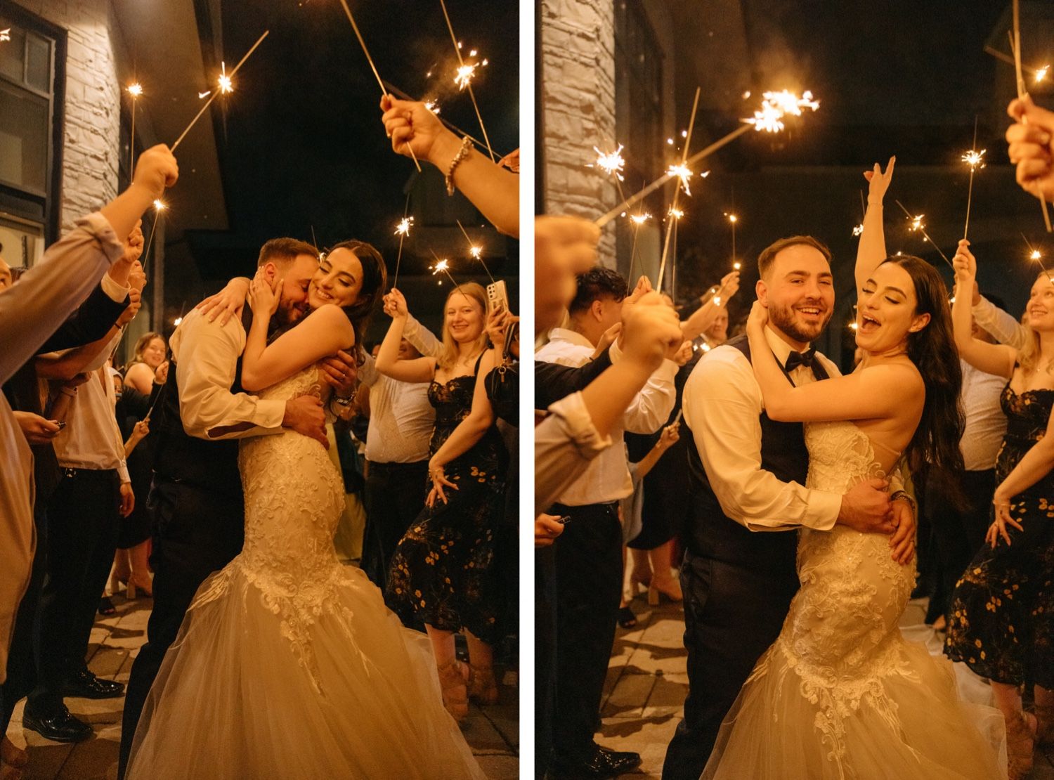 Wedding celebration with sparklers creating magical moments during outdoor evening festivities.