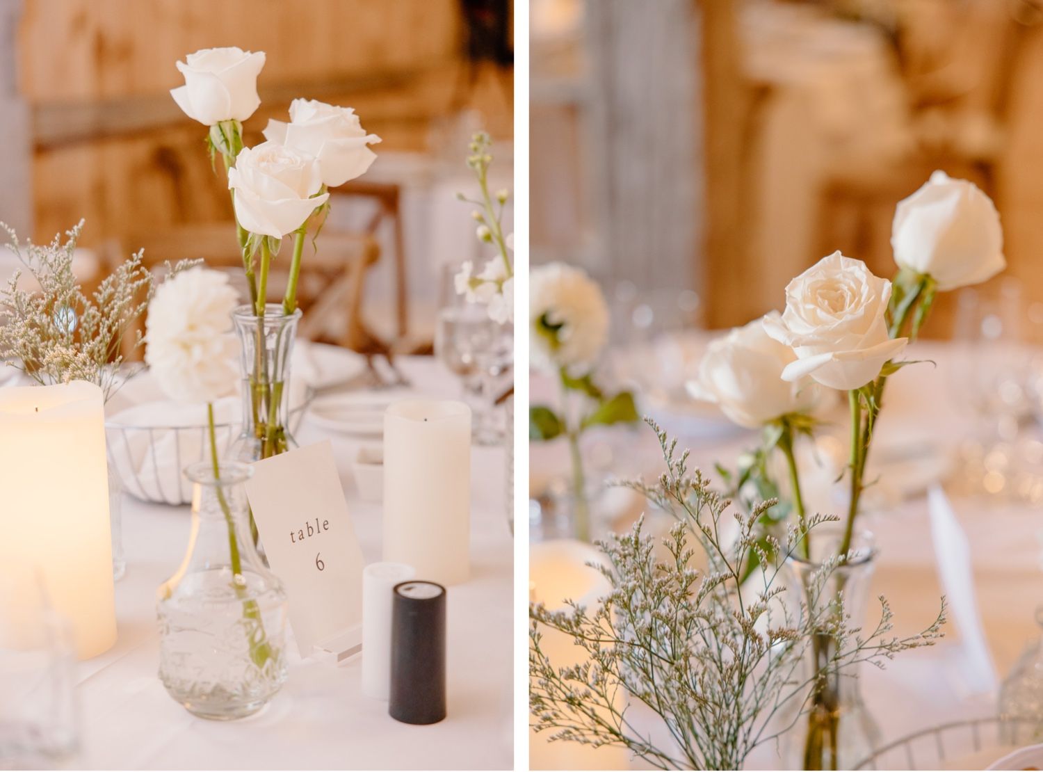 Simple wedding centerpieces with white roses and baby's breath in clear glass vases.