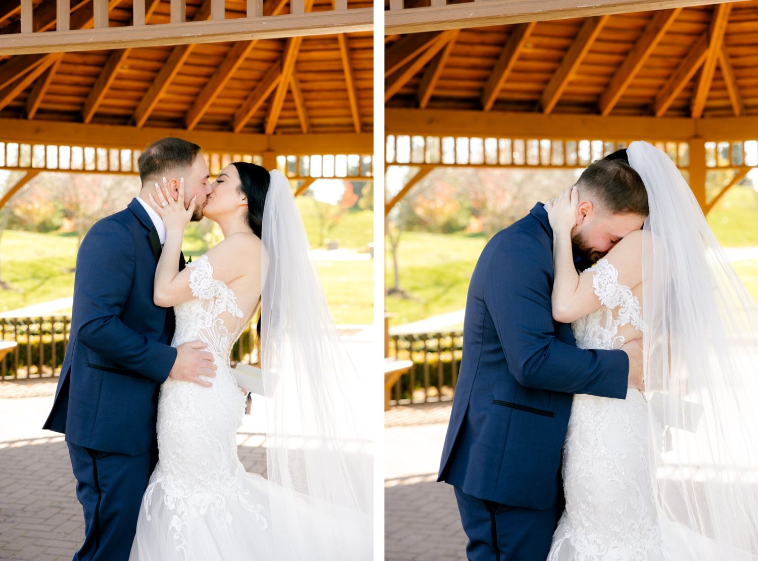 Side-by-side photos capture emotional moments between bride and groom under wooden pavilion.