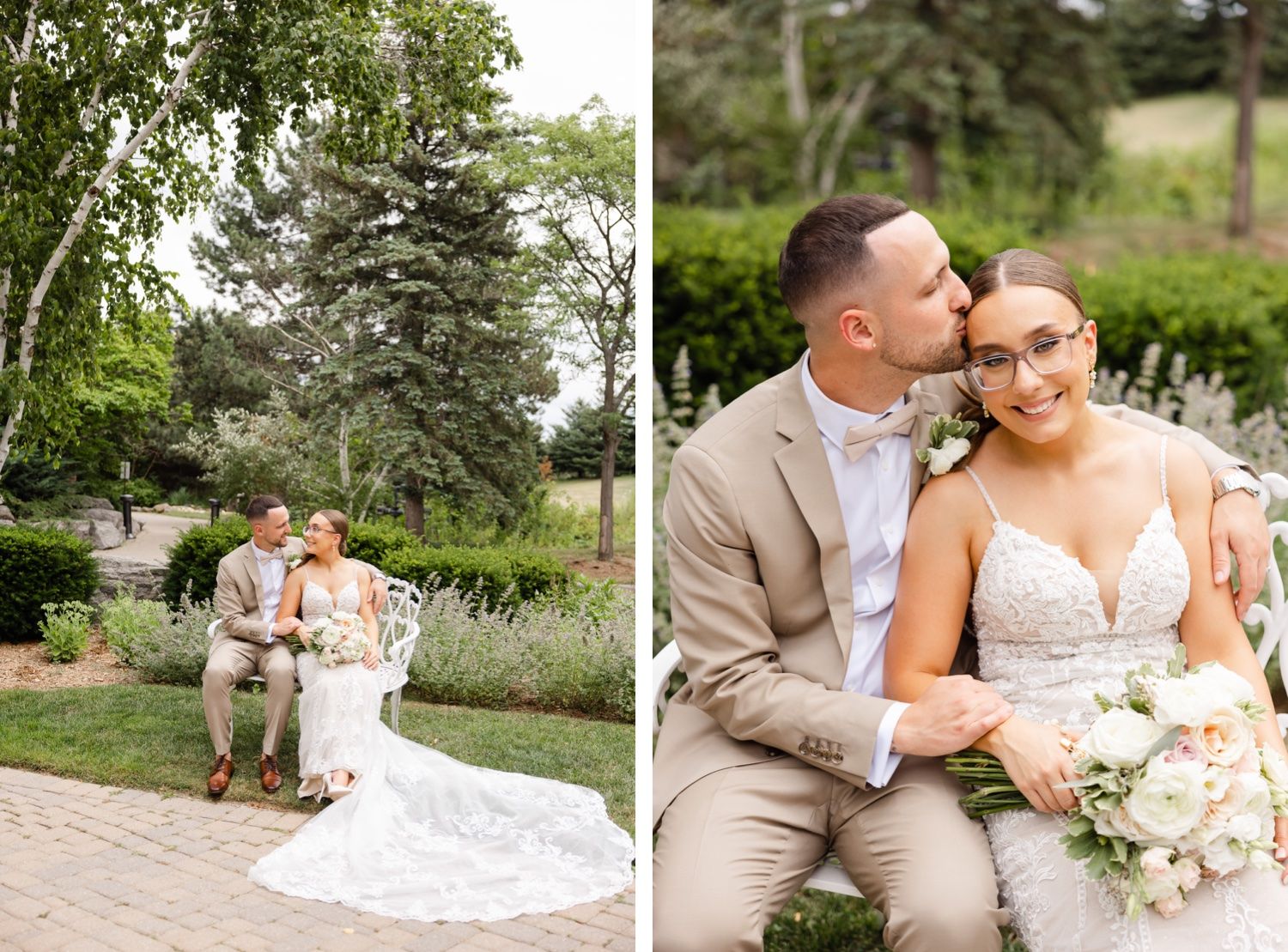 Two wedding photos side by side show a couple in a garden setting with trees and flowing dress details.