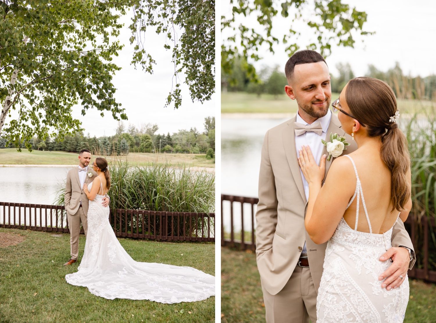Wedding couple embraces by a scenic lake with a long white train flowing behind the bride.