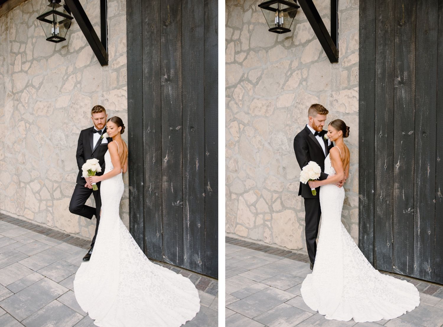 Side by side wedding portraits with rustic lantern and wooden door backdrop.