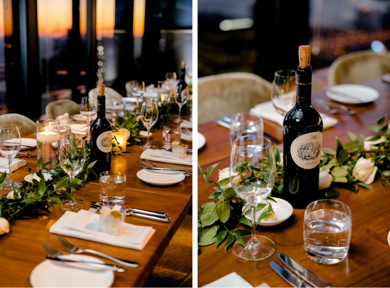 Wedding reception table decorated with greenery runner, wine glasses and elegant place settings.