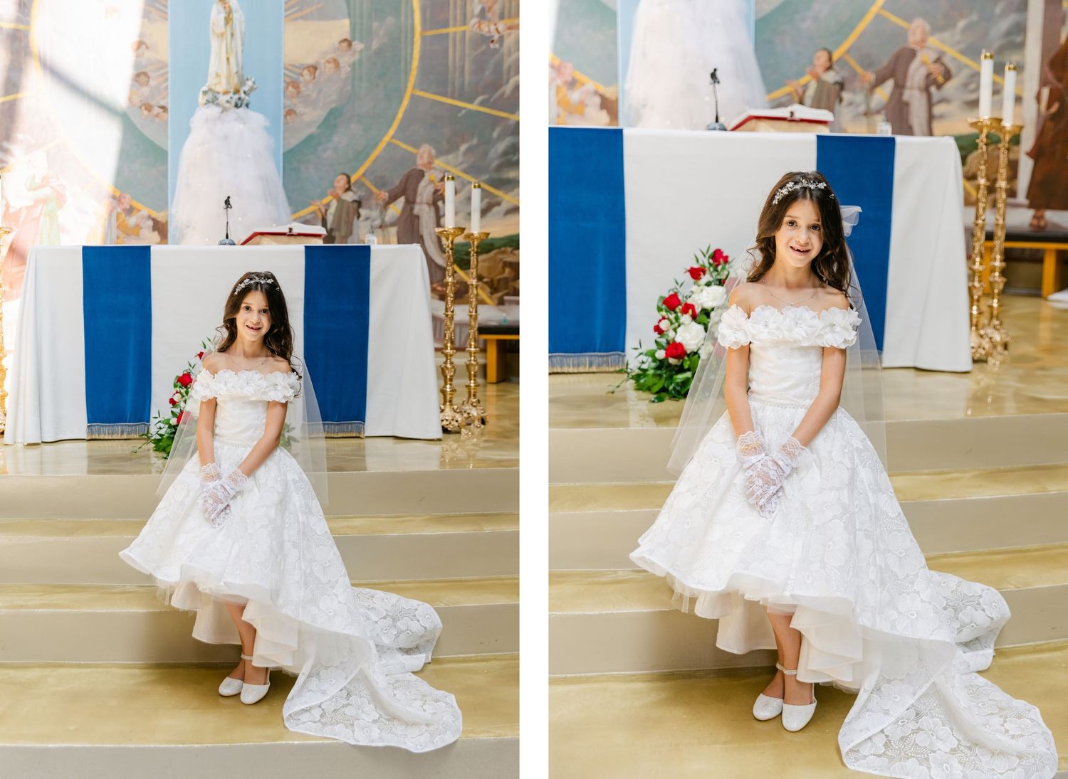 White formal dress photographed in an elegant church setting with blue and gold decor.