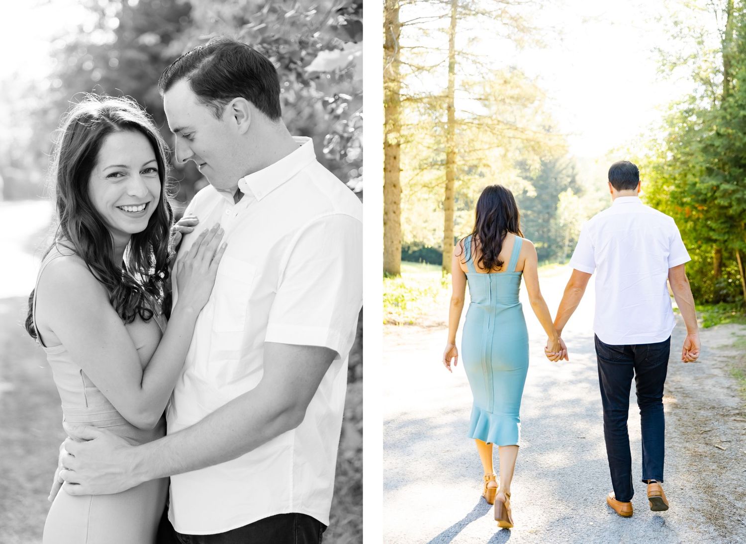 Black and white portrait of couple alongside color photo of them walking hand in hand.
