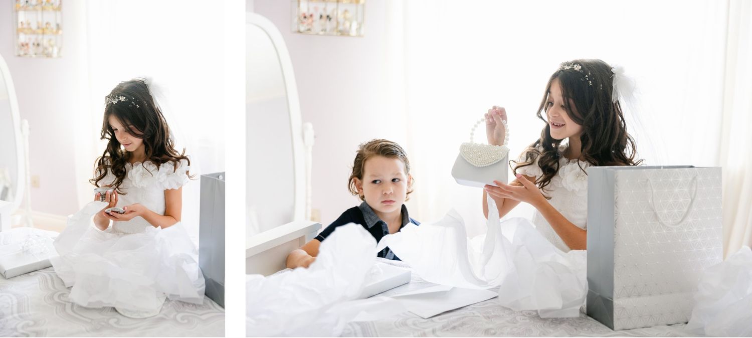 Playful tea party scene with white dresses and decorative details.