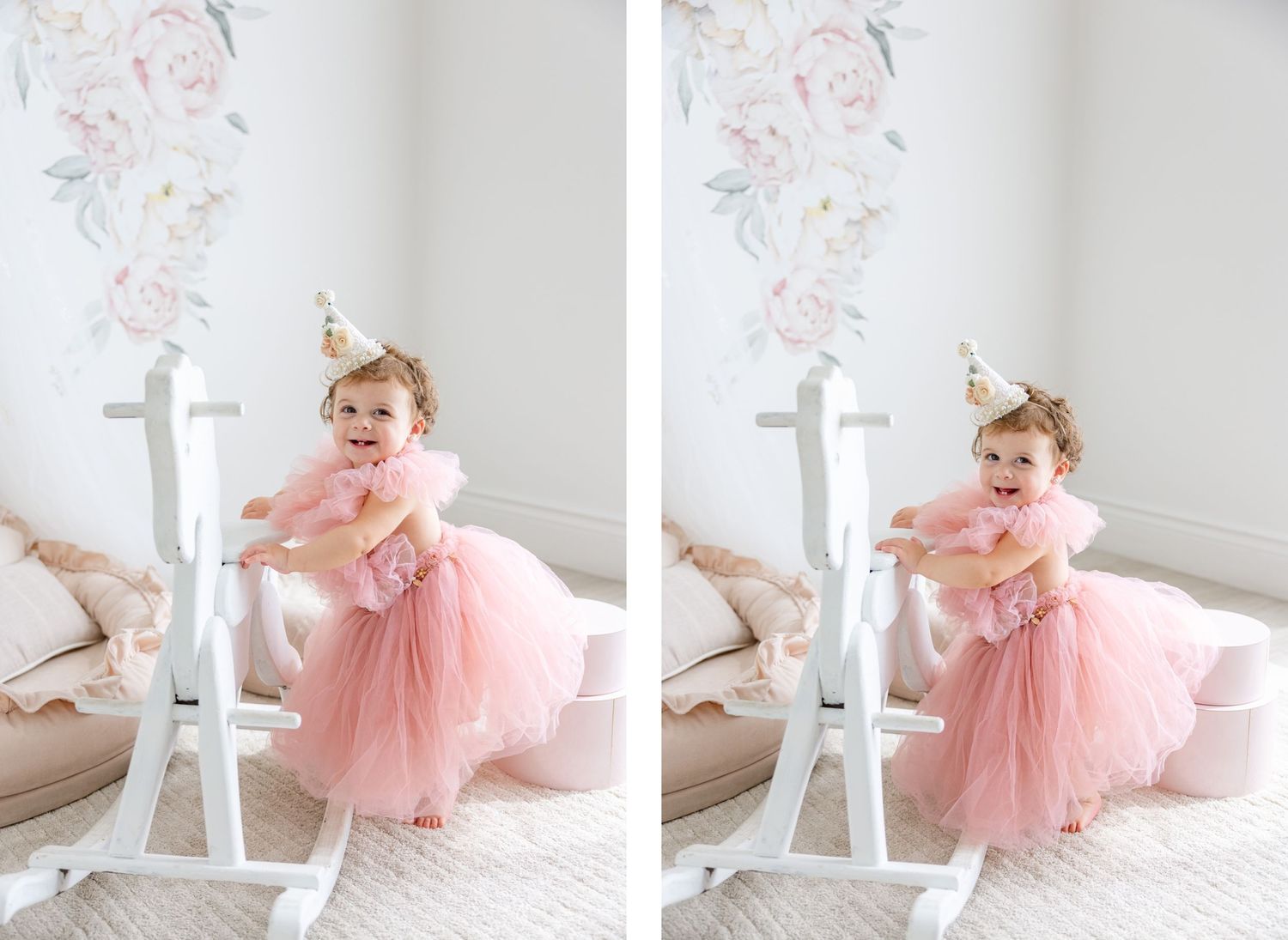 Bright nursery photoshoot featuring white rocking horse and pink tulle party outfit.