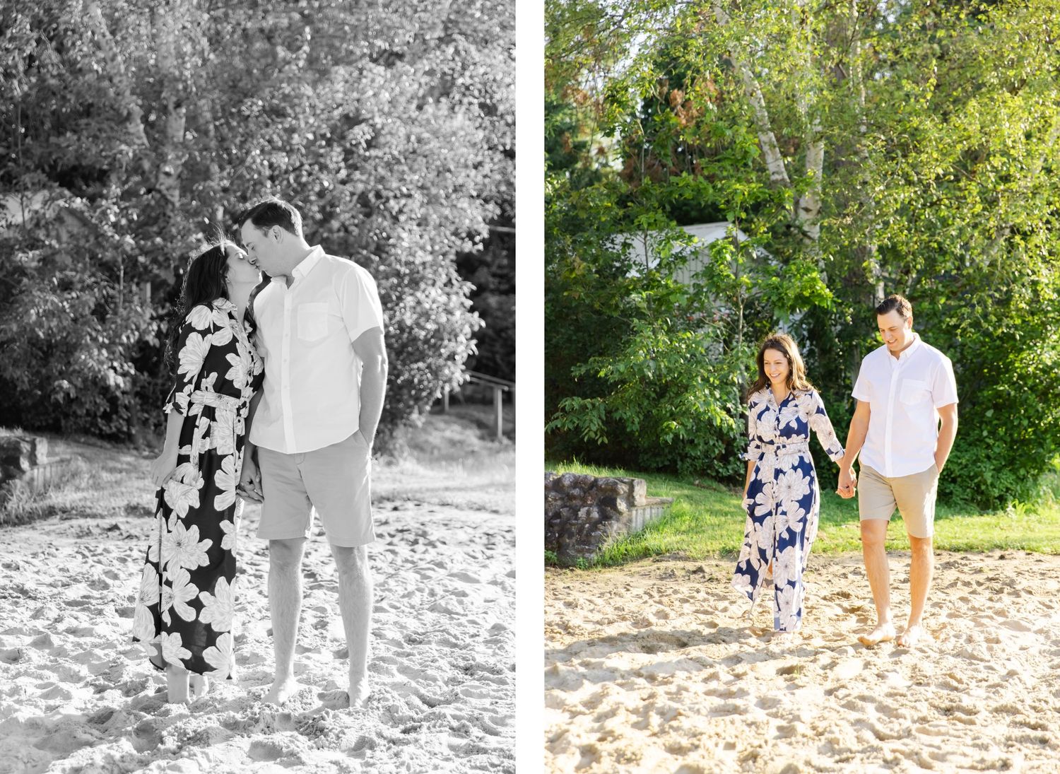 Comparison of color and black-and-white photos showing couple on sandy beach near trees.