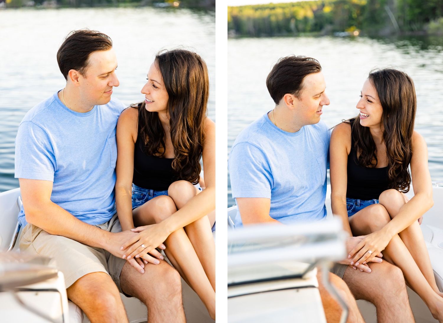 A couple shares intimate moments together on a boat, captured in side-by-side photos.
