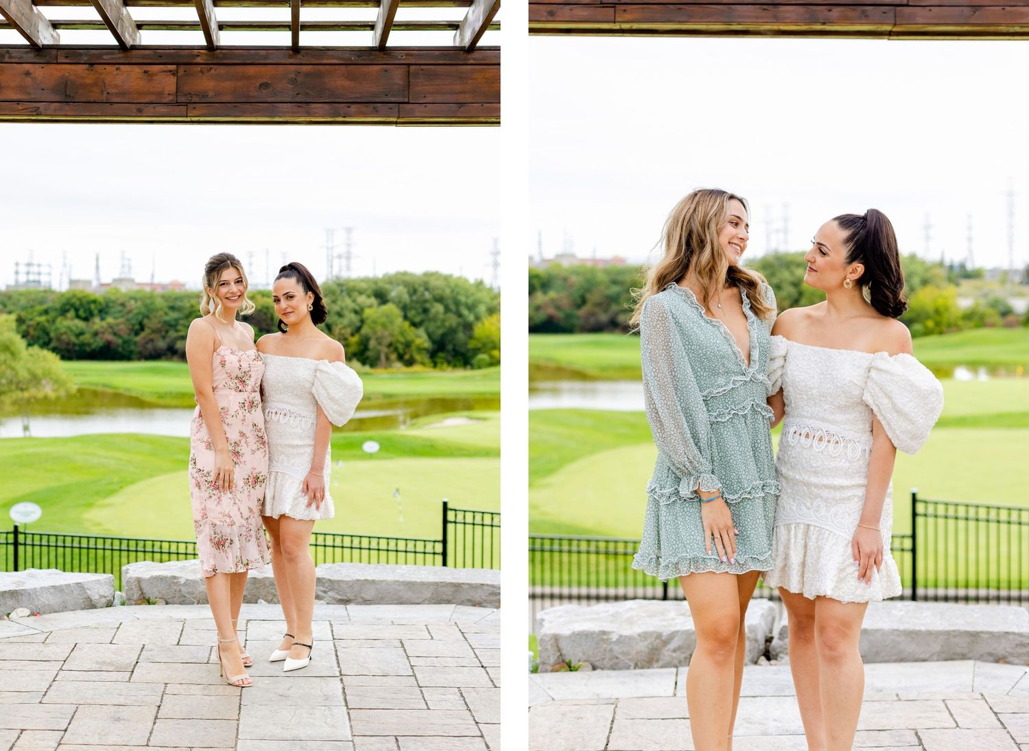 Comparison photos showing friends in casual dresses posing on stone patio with green landscape behind.