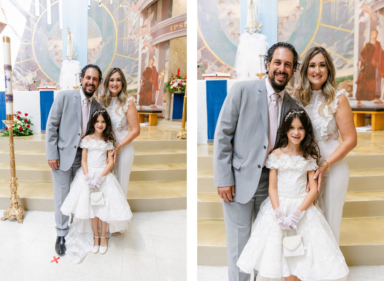 A formal church ceremony with participants wearing elegant white and gray attire on carpeted steps.