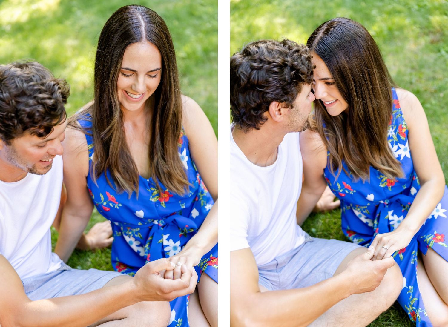 A couple shares an intimate moment while sitting together on grass during their engagement shoot.