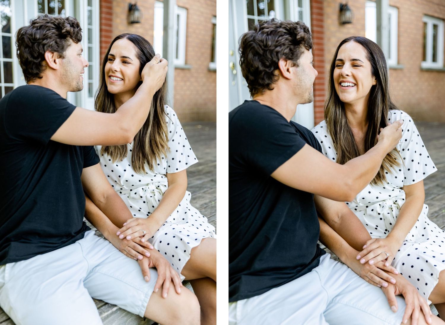 Candid moments of couple laughing together on brick house porch steps.