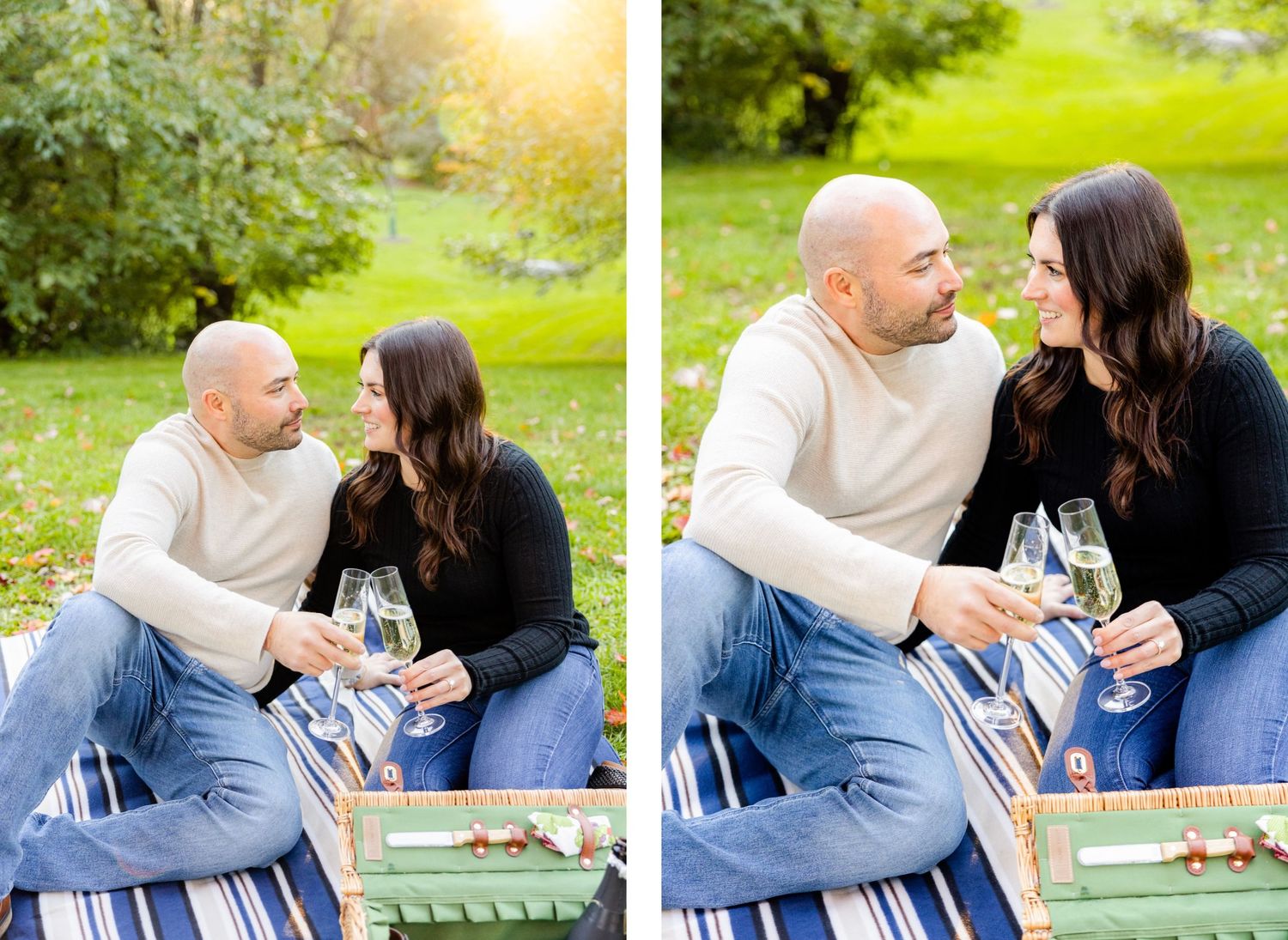 Romantic couple shares laughs while toasting with champagne in sunny garden.