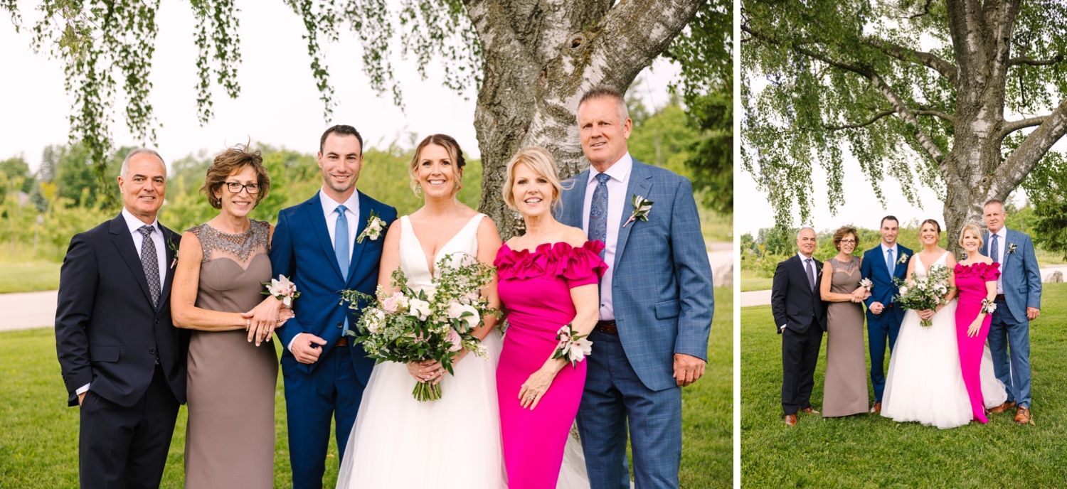 Wedding party and family group photos taken outdoors against natural greenery backdrop.